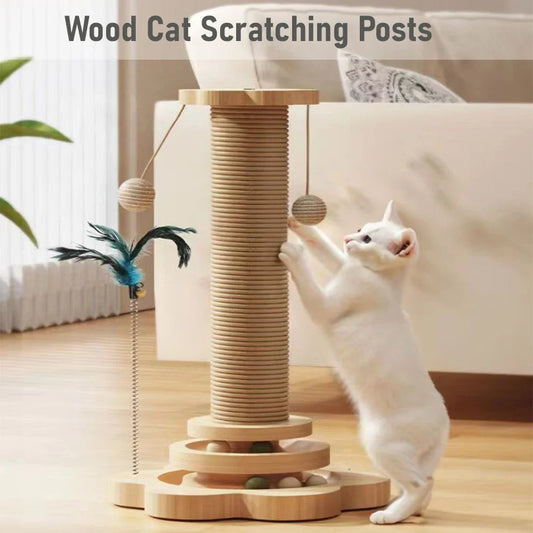 Wood Cat Scratching Posts with Interactive Toy, Cat Tower with Catnip Ball, Teaser Stick, Teaser Ball, Kitten Scratcher Tree